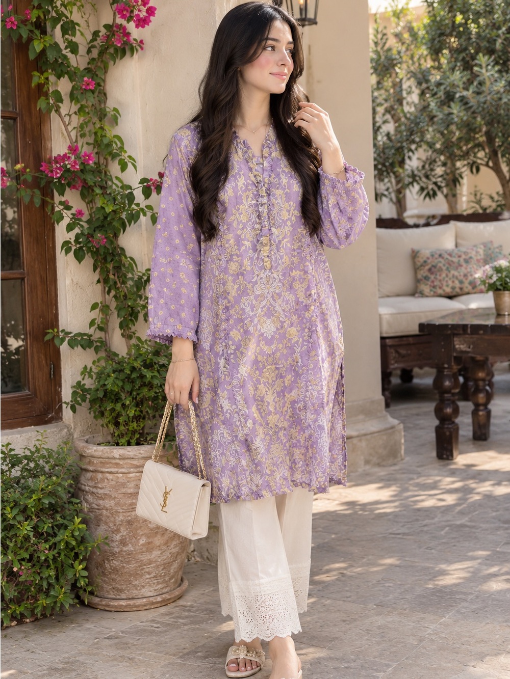 Lavender Embroidered Long-Sleeve Tunic Top by khaadi fabric lawn